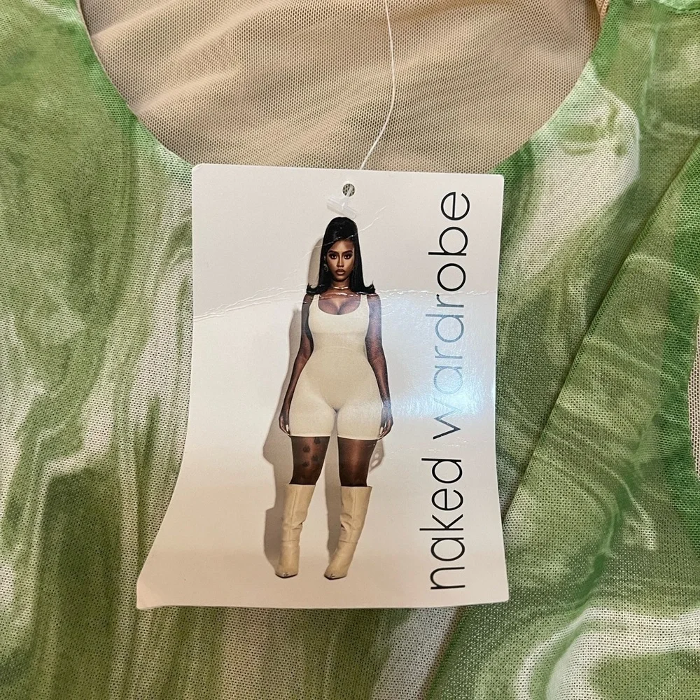 Naked Wardrobe NWT lime green white swirl cutout mini dress women’s size XL - Picture 5 of 6